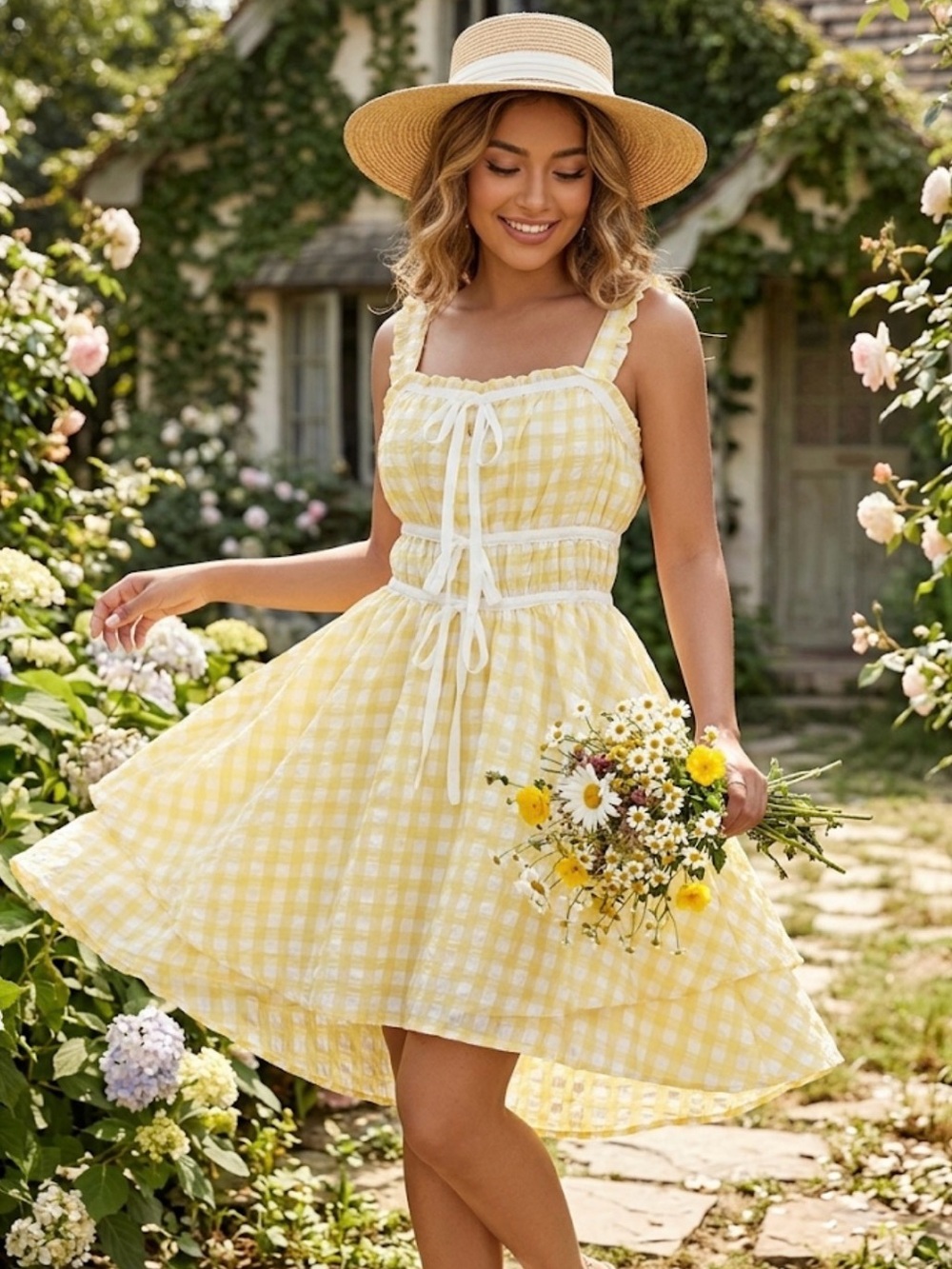 Just Me charming yellow cotaggecore mini dress size